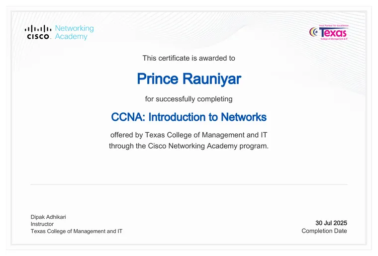 Thumbnail of the CCNA: Introduction to Networks certificate