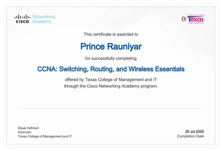 Thumbnail of the CCNA: Switching, Routing, and Wireless Essentials certificate
